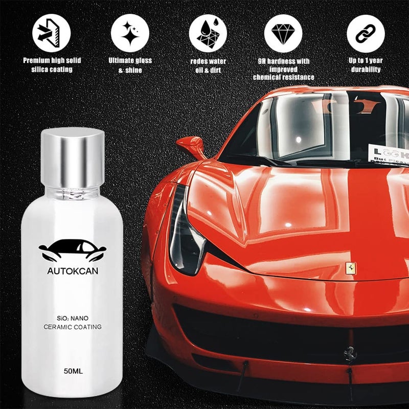 Autokcan 10H Nano Ceramic Coating for Cars, 50ML High Gloss Anti-Scratch SiO2 Ceramic Car Coating Kit, Plastic, Glass, Wheel Polishing, Hydrophobic, Long Lasting Protection - Image 2